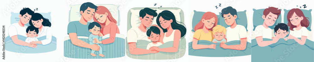 Collection of vectors of mothers and fathers sleeping with their children Collection of vectors of mothers and fathers sleeping with their children