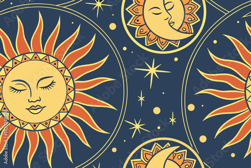 30 Celestial pattern, sun faces with closed eyes, circular motifs, night sky background, warm yellow and orange sun rays, crescent moons, stars, deep blue backdrop, mystical, seamless repeat pattern, 