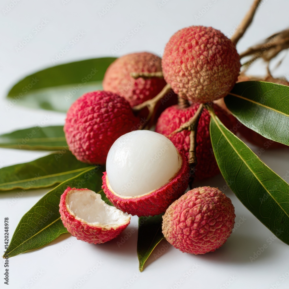 Lychee fruit with leaves still life on white background Lychee fruit with leaves still life on white background