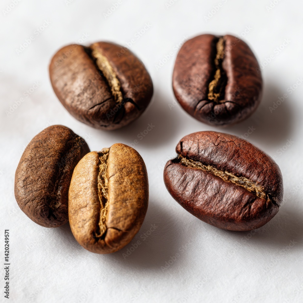 Obraz premium Five coffee beans close up shot on white background