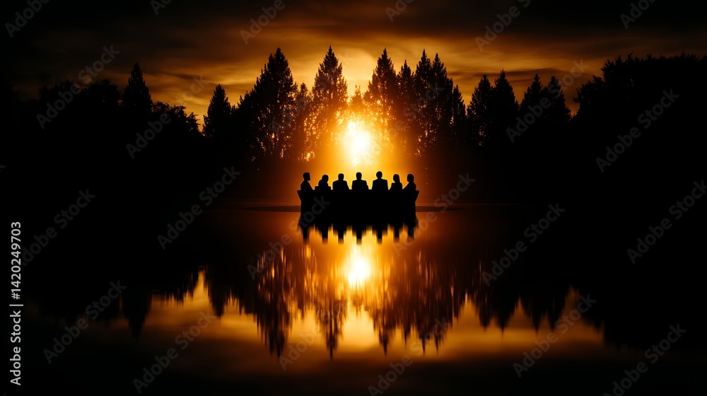 Obraz premium Reflections of a Silent Gathering in the Lake at Dusk Beneath Trees Silhouette and Golden Skies.