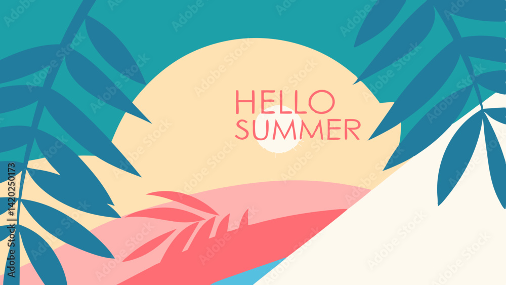 Fototapeta premium Hello summer postcard with sunset and palm trees