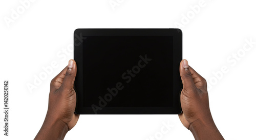 Hands holding black screen tablet device for technology display and digital interface use isolated on transparent background
