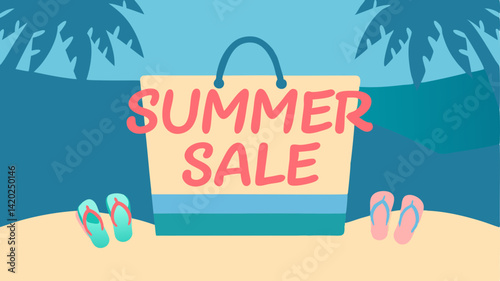 Summer sale banner with beach illustration and palm trees