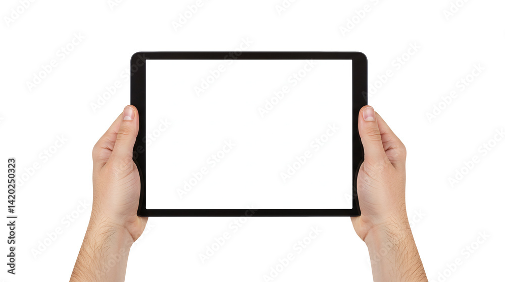Hands holding digital tablet device with blank white screen for mockup template isolated on transparent background Hands holding digital tablet device with blank white screen for mockup template isolated on transparent background
