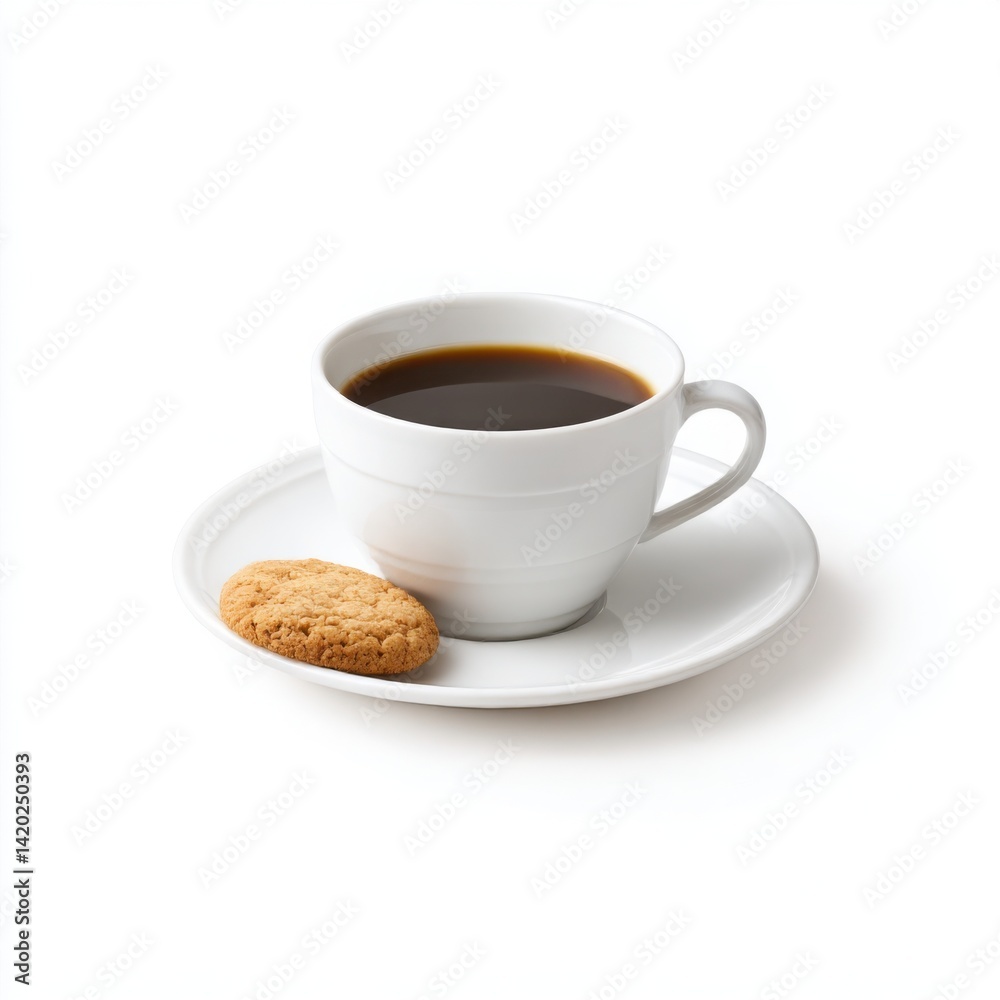 A white cup of coffee sits on a white saucer with a cookie A white cup of coffee sits on a white saucer with a cookie
