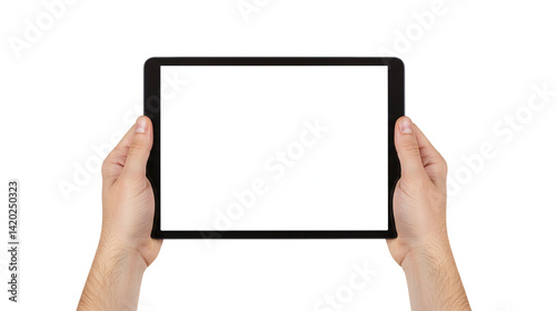 Hands holding digital tablet device with blank white screen for mockup template isolated on transparent background