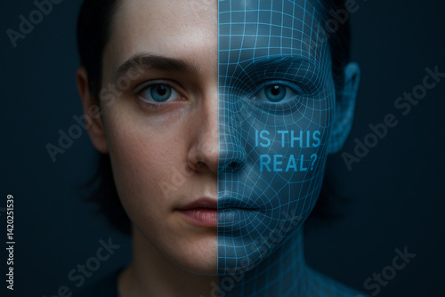 Split face showing real person and AI overlay with 'Is this real?' question, identity and deepfake concept