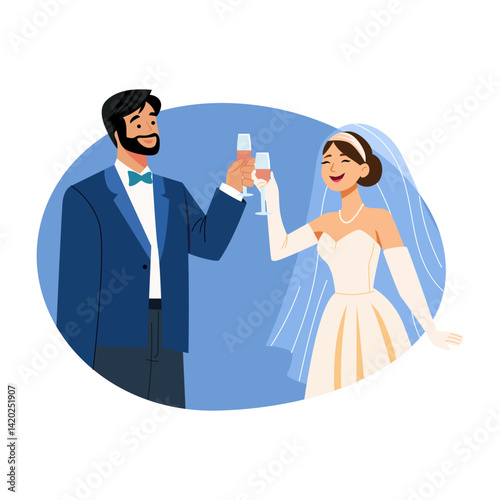 Flat illustration showing a wedding couple doing champagne toast