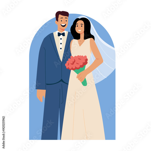 A flat style illustration of a newly married couple