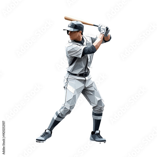 Baseball player prepares to swing bat in geometric art style at a baseball field during daytime