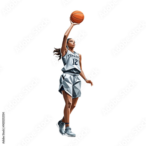 Female Basketball player preparing for a jump shot wearing a geometric design jersey in training environment