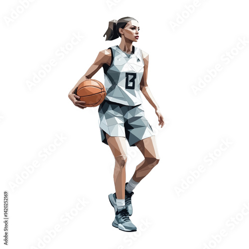Female Basketball player preparing for a jump shot wearing a geometric design jersey in training environment