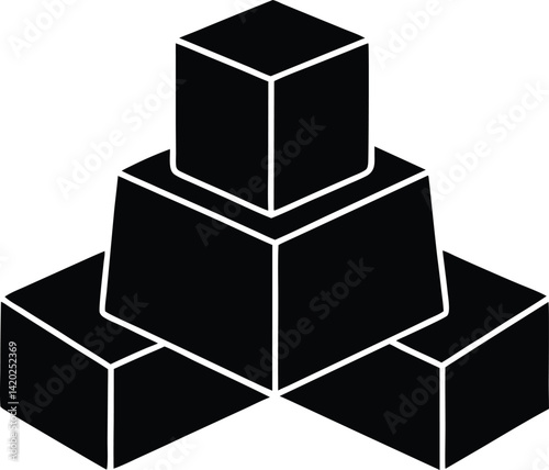 Pyramid of Cubes Solid Blocks Black Icon Geometric Shapes Isolated Flat Design