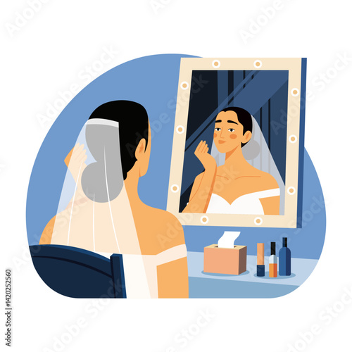 A bride applying makeup on her face, flat illustration