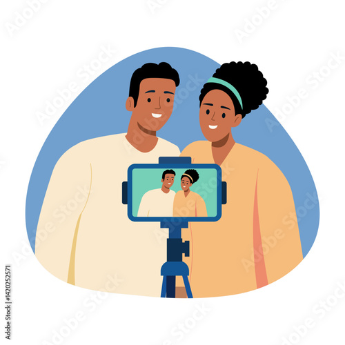 A flat style illustration of a couple vlog