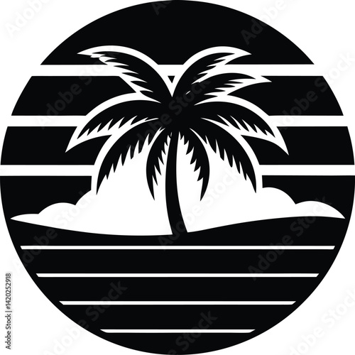 Silhouette Palm Tree in Circle with Horizontal Lines on Transparent Background