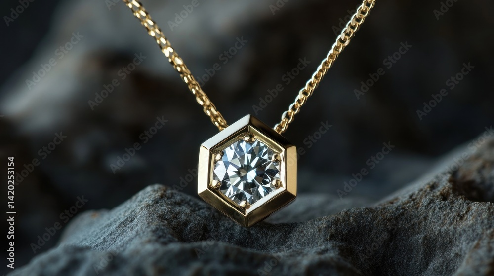 Fototapeta premium Elegant gold necklace with diamond on textured rock
