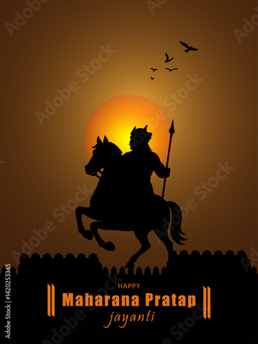 Maharana Pratap Jayanti Celebration Silhouette with Crowd and Sunset Background