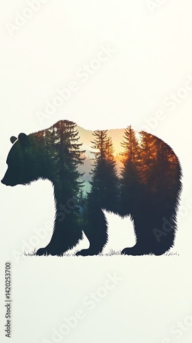 Nature-filled silhouette of a bear walking through the wilderness