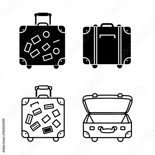 Travel Luggage Collection with Stickers and Open Suitcase for Travel Blogs, Adventure Websites, Packing Tips, Vacation Planning, and Travel Content