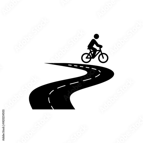 Flat Icon of Cycling on a Winding Road for Outdoor Activities, Fitness, and Adventure Tourism