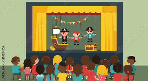 Children Enjoying Puppet Show on Stage with Colorful Backdrop  