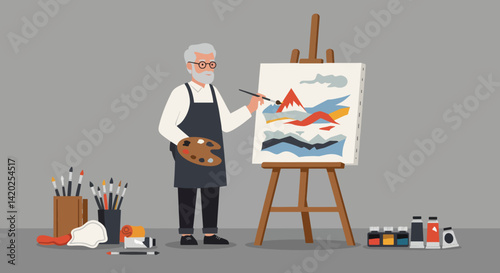 Elderly artist painting colorful landscape on canvas  