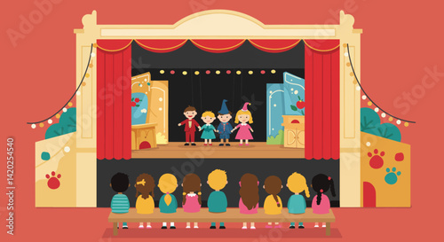 Children performing on stage in a colorful theater setting  