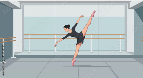 Ballerina performing an elegant pose in a dance studio  