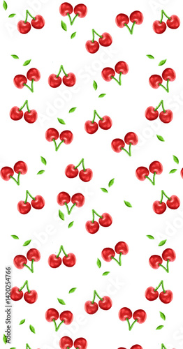 Red sweet cherry berry background, texture or pattern Hand draw illustration