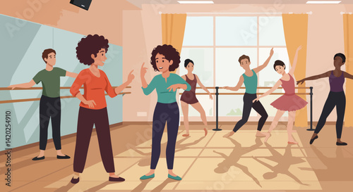 Dance Class in Studio with Students Practicing and Instructing  