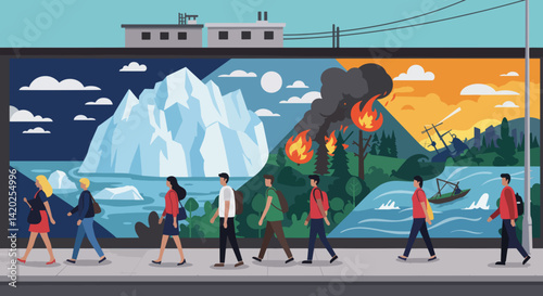 Diverse group of people walking next to environmental mural  