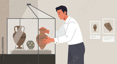 Man examining ancient pottery in a museum exhibit  