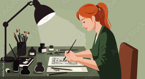 Woman drawing at a desk with art supplies in a cozy workspace  