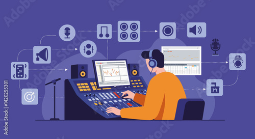 Audio engineer mixing sounds in a digital studio setup  