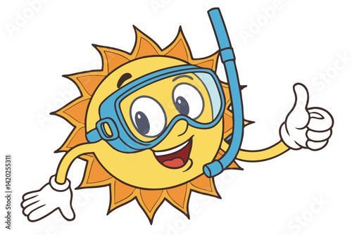 31 Cartoon sun character, smiling face, blue snorkel mask, snorkel tube, thumbs up gesture, bright yellow and orange colors, cheerful expression, big eyes, white glove, summer vacation theme, vector i
