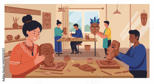 Creative artisans sculpting clay masks in a bright workshop  