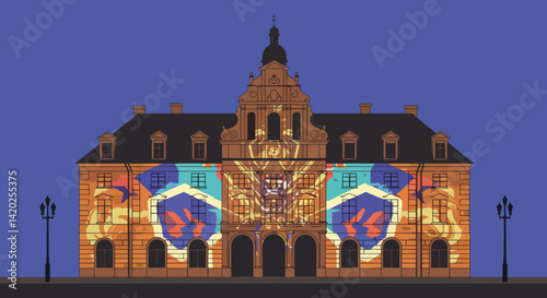 Historical building illuminated with colorful projections at night  