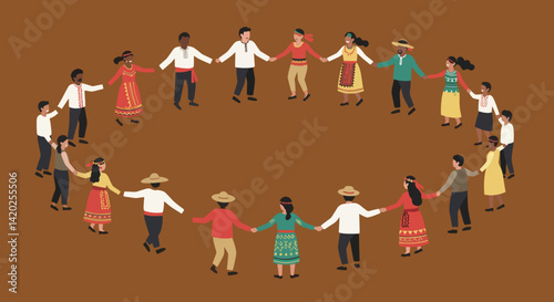 Community members joyfully dancing in a circle on brown background  