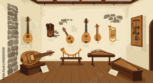 Musical instruments displayed in a cozy exhibition room  