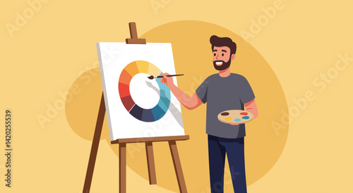 Artist painting a color wheel on an easel against a yellow background  