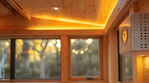 Close up of occupancy sensors in tiny house ceiling managing energy-efficient smart lighting and automated climate control 