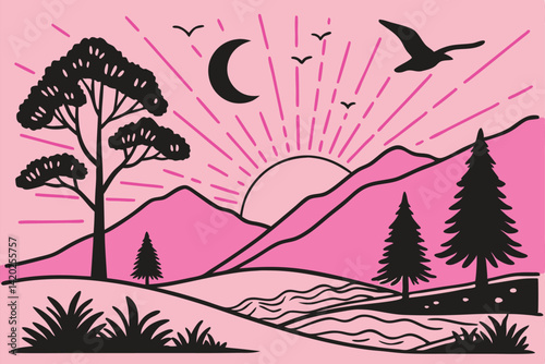 32 Minimalist landscape illustration, vibrant pink sunset, yellow mountains, stylized trees, geometric shapes, crescent moon, flying bird, black and pink color palette, flat design, vector art style, 