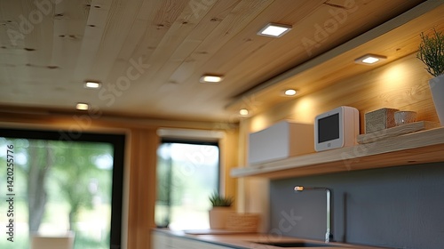 Close up of occupancy sensors in tiny house ceiling managing energy-efficient smart lighting and automated climate control 