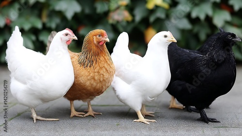 Row of Chickens with Black White and Brown Feathers Standing on Pavement Outside near Green Plants.