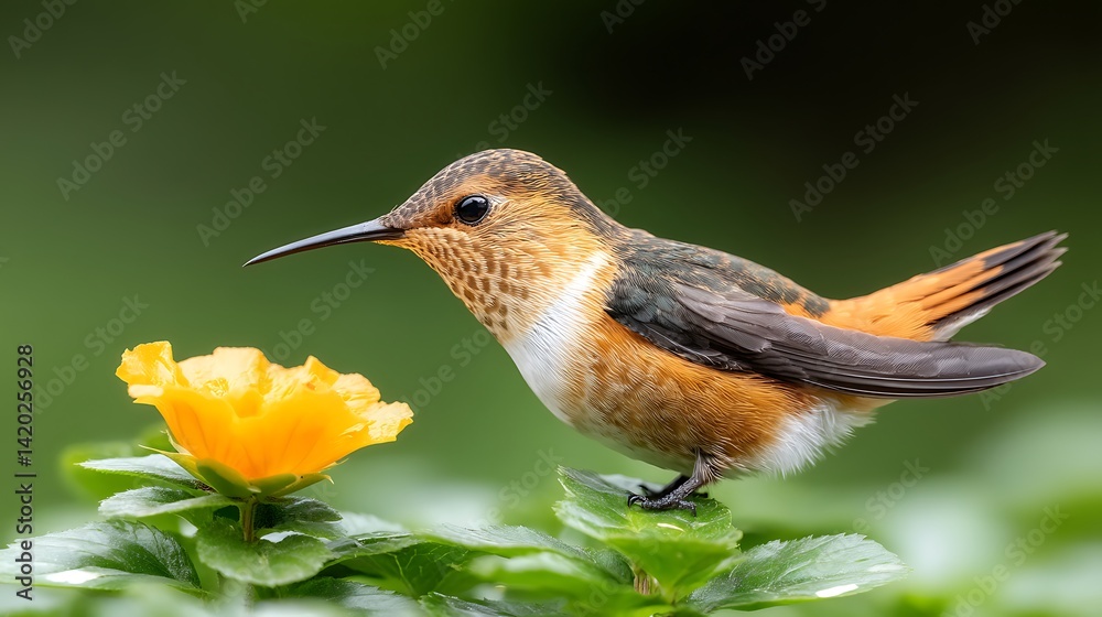 Fototapeta premium Rufous Tailed Hummingbird on Vivid Yellow Flower Nectar Quest Amidst Lush Green Foliage Serenity.