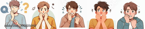 Vector collection of a person biting nails with a worried, scared expression
