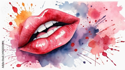 Watercolor splash background in lipstick tones with scattered kiss marks, playful and romantic design