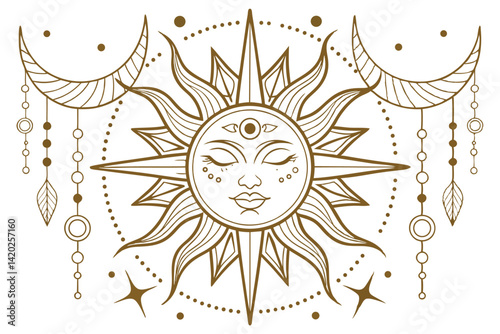33 Intricate sun face illustration, golden gradient, ornate solar rays, mystical celestial design, decorative hanging elements, arrows and circles, dotted details, symmetrical composition, white backg